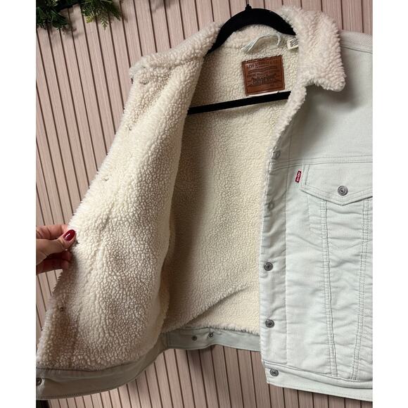 Levi’s Premium Ex-Boyfriend Corduroy Sherpa Trucker Jacket Women’s Size L - Picture 7 of 13